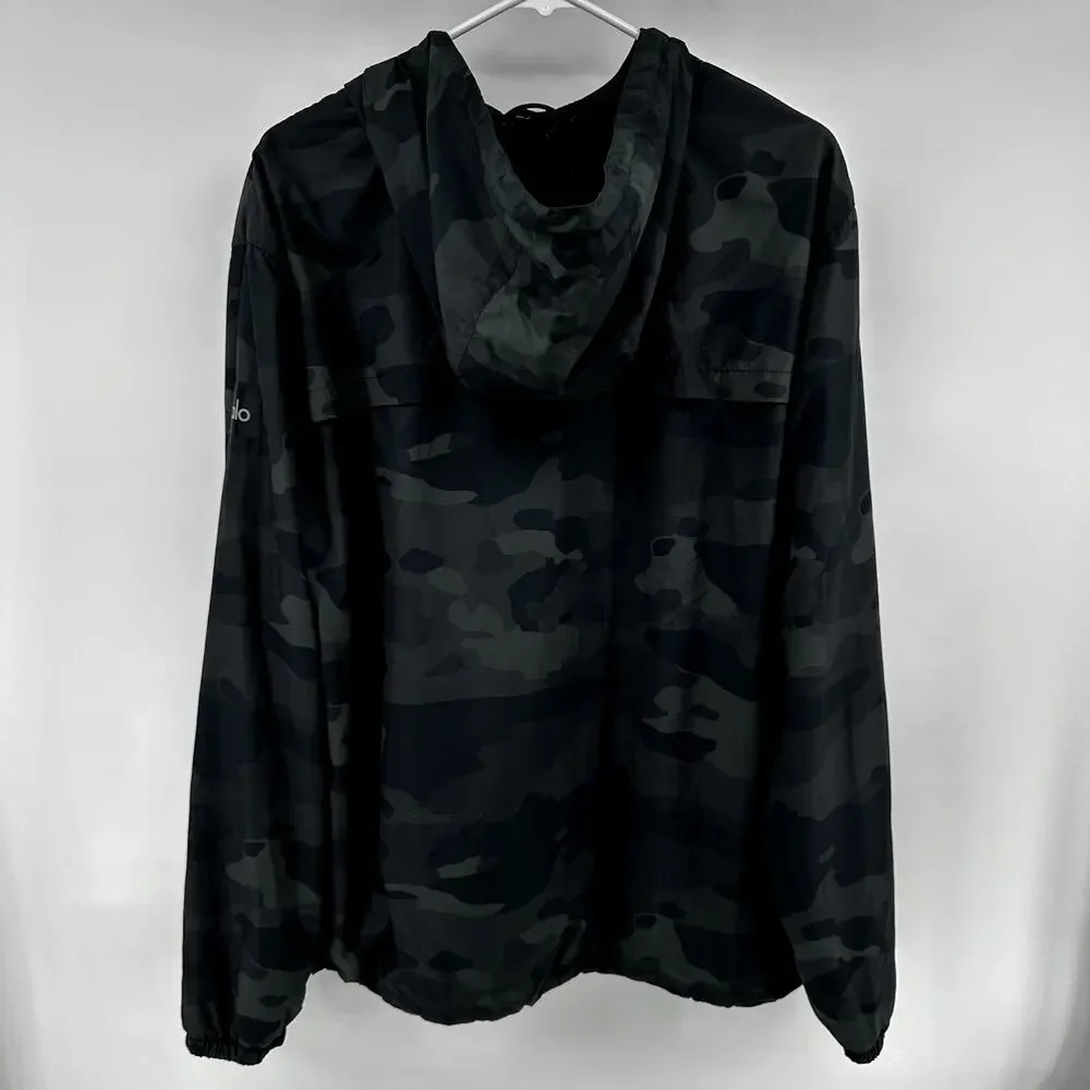 Alo Stride Camo Hooded Jacket Full Zip Pockets Drawstring Camo Gray Black XL